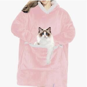WEARABLE BLANKET With Hood Sleeves Large Pocket Sherpa, Pink & White